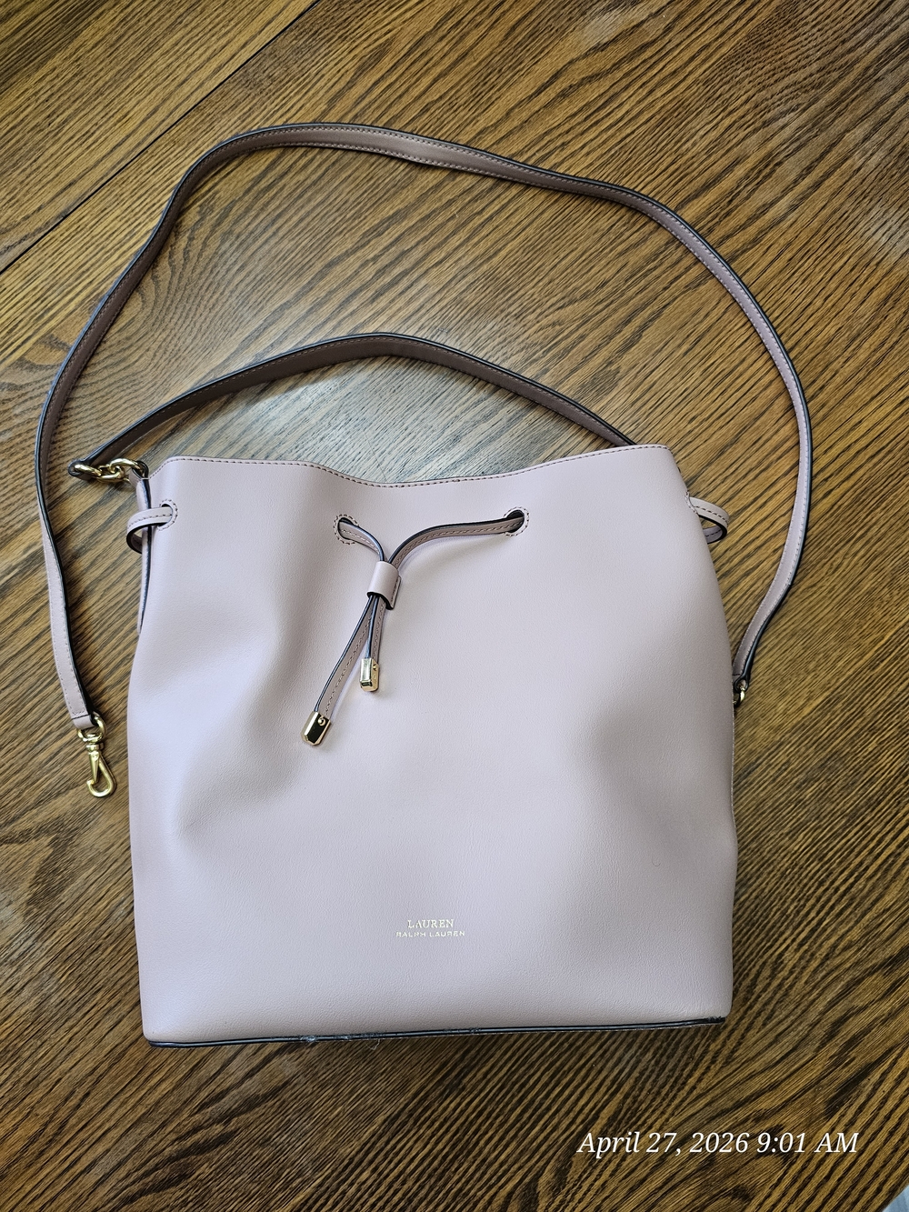 Lauren Ralph Lauren Blush Leather Drawstring Bucket-style Bag With Dust Cloth